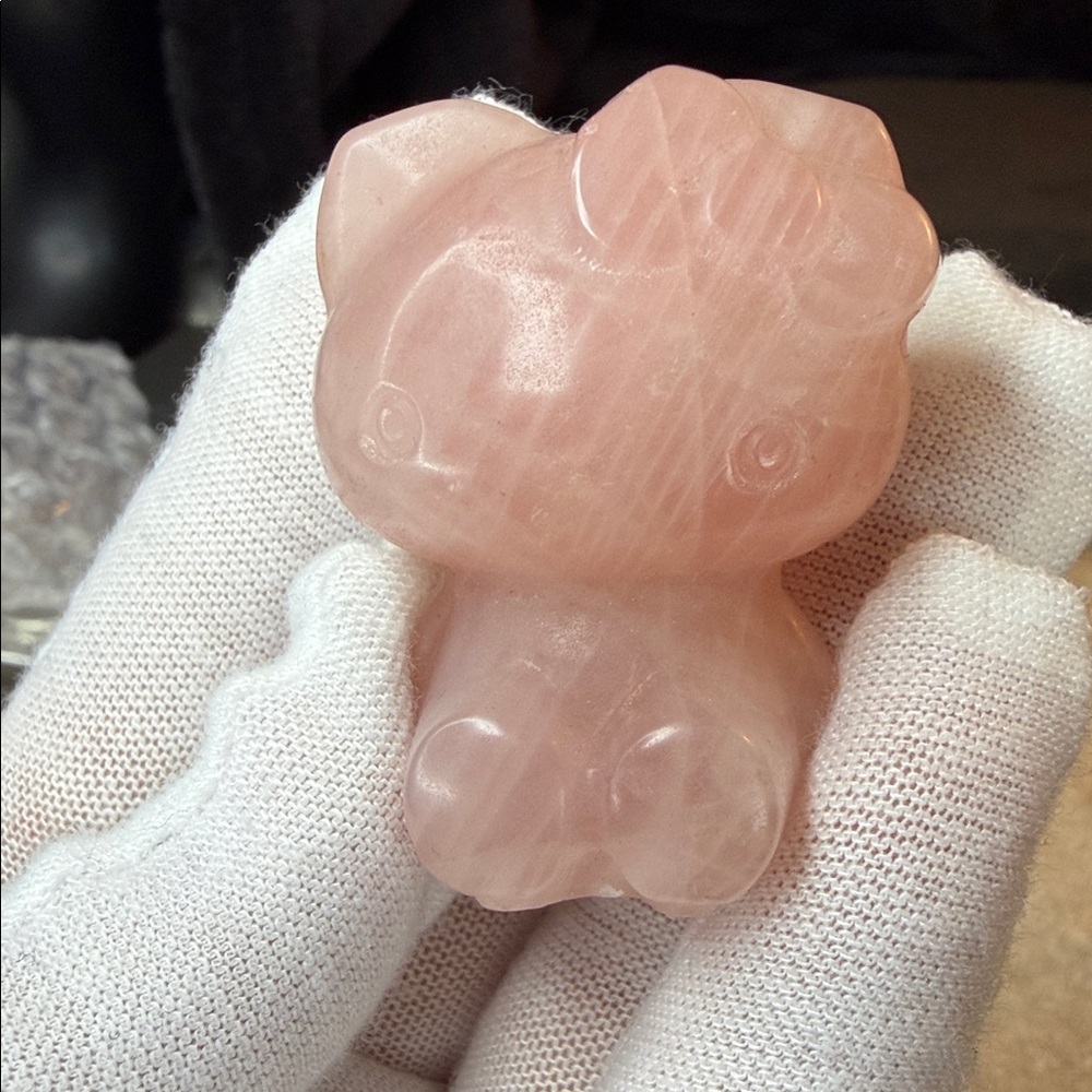 Rose Quartz Crystal Carved Pocket Hello Kitty Adorable Natural 1.5”
